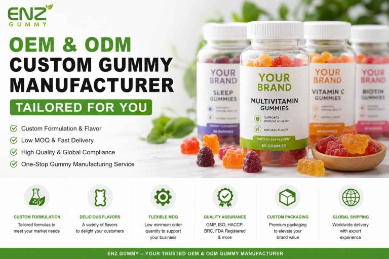 Custom gummy manufacturing with OEM & ODM services, low MOQ, private label solutions, and global compliance support.